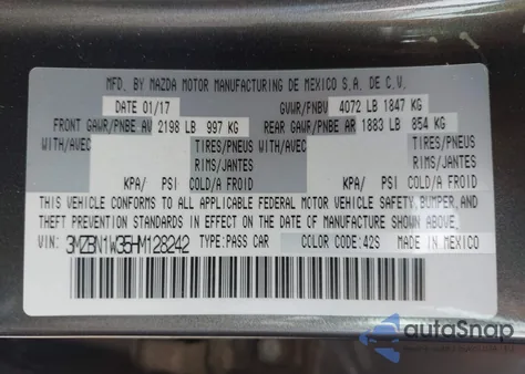 2017 Mazda Mazda3 Grand Touring из США, поврежденный, VIN 3MZBN1W35HM128242